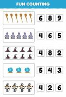 Education game for children fun counting and choosing the correct number of cute cartoon castle magic orb staff hat wizard halloween printable worksheet vector