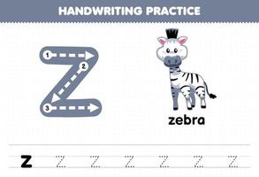 juego educativo para niños práctica de escritura a mano con letras minúsculas z para hoja de trabajo imprimible de cebra vector