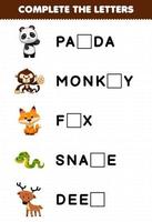 Education game for children complete the letters from cute jungle animal name printable worksheet