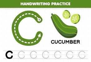Education game for children handwriting practice with uppercase letters C for cucumber printable worksheet vector