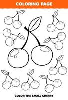 Education game for children coloring page big or small picture of cute cartoon cherry fruit line art printable worksheet vector
