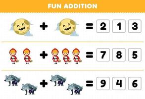 Education game for children fun addition by guess the correct number of cute cartoon moon werewolf red riding hood costume halloween printable worksheet