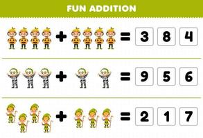 Education game for children fun addition by guess the correct number of cute cartoon pumpkin boy skeleton dwarfs costume halloween printable worksheet