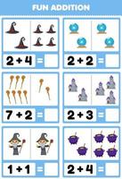 Education game for children fun addition by counting and sum of cute cartoon wizard hat magic orb castle staff cauldron halloween printable worksheet