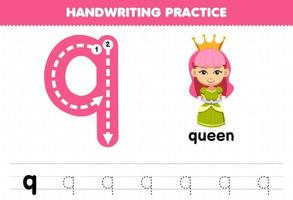 juego educativo para niños práctica de escritura a mano con letras minúsculas q para queen hoja de trabajo imprimible vector
