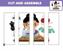 Education game for children cutting practice and assemble puzzle with cute cartoon tailor profession printable worksheet vector