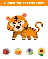 Education game for children choose the correct food for cute cartoon animal tiger beef cheese peanut or flower printable worksheet