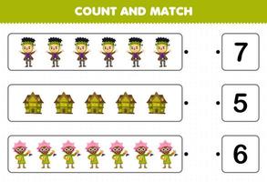 Education game for children count the number of cute cartoon spooky house frankenstein scientist costume and match with the right numbers halloween printable worksheet