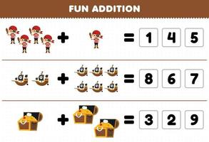 Education game for children fun addition by guess the correct number of cute cartoon treasure chest ship pirate costume halloween printable worksheet vector