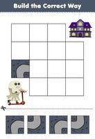 Education game for children build the correct way help cute cartoon ghost costume move to spooky house halloween printable worksheet vector