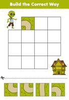 Education game for children build the correct way help cute cartoon zombie costume move to green spooky house halloween printable worksheet
