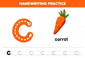juego educativo para niños práctica de escritura a mano con letras minúsculas c para hoja de trabajo imprimible de zanahoria