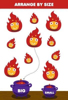 Education game for children arrange by size big or small put it in the cauldron of cute cartoon red fire halloween printable worksheet