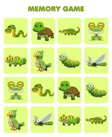Education game for children memory to find similar pictures of cute cartoon green animal printable worksheet