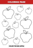 Education game for children coloring page big or small picture of cute cartoon apple fruit line art printable worksheet vector