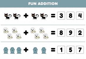 Education game for children fun addition by guess the correct number of cute cartoon black cat ghost tombstone halloween printable worksheet