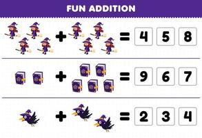 Education game for children fun addition by guess the correct number of cute cartoon crow magic book witch halloween printable worksheet vector