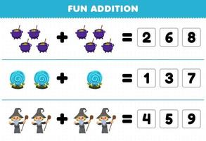 Education game for children fun addition by guess the correct number of cute cartoon cauldron magic orb wizard halloween printable worksheet vector