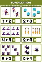 Education game for children fun addition by counting and sum of cute cartoon witch magic orb hat broom book crow halloween printable worksheet