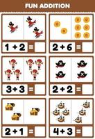 Education game for children fun addition by counting and sum of cute cartoon pirate boy parrot hat coin ship treasure chest halloween printable worksheet