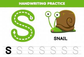 juego educativo para niños práctica de escritura a mano con letras mayúsculas s para hoja de trabajo imprimible de caracol vector