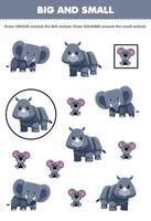 juego educativo para niños organizar por tamaño grande o pequeño dibujando un círculo y un cuadrado de una linda caricatura animal gris elefante rinoceronte koala hoja de trabajo imprimible vector