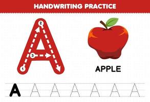 Education game for children handwriting practice with uppercase letters A for apple printable worksheet vector