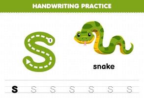 juego educativo para niños práctica de escritura a mano con letras minúsculas s para hoja de trabajo imprimible de serpiente vector