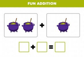 Education game for children fun addition by counting cute cartoon magic cauldron pictures printable halloween worksheet
