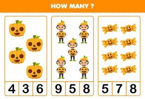 juego educativo para niños contando cuántos lindos dibujos animados niño calabaza disfraz dulces halloween hoja de trabajo imprimible vector