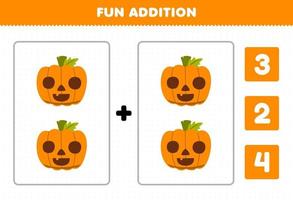 Education game for children fun addition by count and choose the correct answer of cute cartoon orange pumpkin halloween printable worksheet