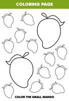 Education game for children coloring page big or small picture of cute cartoon mango fruit line art printable worksheet vector