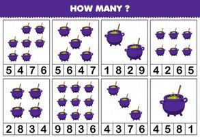 Education game for children counting how many objects in each table of cute cartoon purple cauldron halloween printable worksheet vector