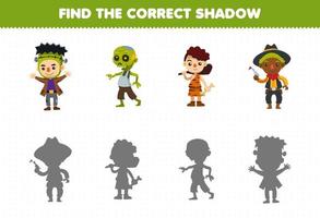 juego educativo para niños encontrar la sombra correcta conjunto de dibujos animados lindo frankenstein zombie hombre de las cavernas disfraz de vaquero hoja de trabajo imprimible de halloween vector