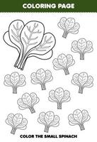 Education game for children coloring page big or small picture of cute cartoon spinach vegetable line art printable worksheet vector