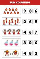 Education game for children fun counting and choosing the correct number of cute cartoon fire candle spider potion bottle devil girl costume halloween printable worksheet vector