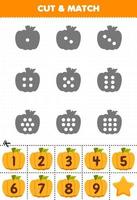 juego educativo para niños cuente los puntos en cada silueta y combínelos con la hoja de trabajo imprimible de halloween de calabaza naranja numerada correcta vector