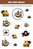 juego educativo para niños organizar por tamaño grande o pequeño dibujando un círculo y un cuadrado de dibujos animados lindo cofre del tesoro sombrero barco pirata hoja de trabajo imprimible de halloween