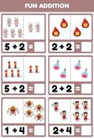 Education game for children fun addition by counting and sum of cute cartoon voodoo doll fire candle potion bottle spider devil girl halloween printable worksheet vector