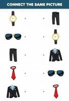 Education game for children connect the same picture of cartoon wearable clothes tuxedo suit trouser tie watch sunglasses printable worksheet vector