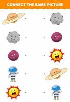 Education game for children connect the same picture of cute cartoon solar system saturn planet moon astronaut sun printable worksheet vector