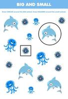 juego educativo para niños organizar por tamaño grande o pequeño dibujando un círculo y un cuadrado de dibujos animados lindo azul submarino animal delfín erizo medusa hoja de trabajo imprimible vector
