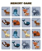 Education game for children memory to find similar pictures of cute cartoon animal with horn printable worksheet