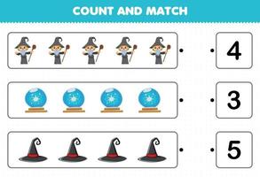 Education game for children count the number of cute cartoon hat magic orb wizard costume and match with the right numbers halloween printable worksheet vector