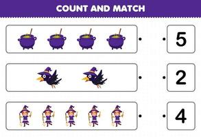 Education game for children count the number of cute cartoon cauldron crow witch costume and match with the right numbers halloween printable worksheet vector