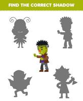 Education game for children find the correct shadow set of cute cartoon frankenstein costume halloween printable worksheet vector