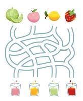 Maze puzzle game for children pair cute cartoon fruit melon peach lemon strawberry with the same juice color printable worksheet