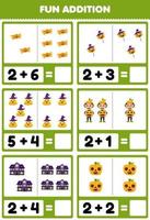 Education game for children fun addition by counting and sum of cute cartoon corn candy pumpkin boy spooky house halloween printable worksheet vector