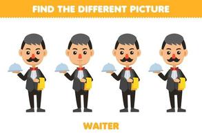 Education game for children find the different picture of cute cartoon waiter profession printable worksheet vector