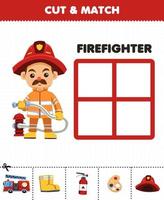 Education game for children cut and match the correct stuff for cute cartoon firefighter profession printable worksheet vector